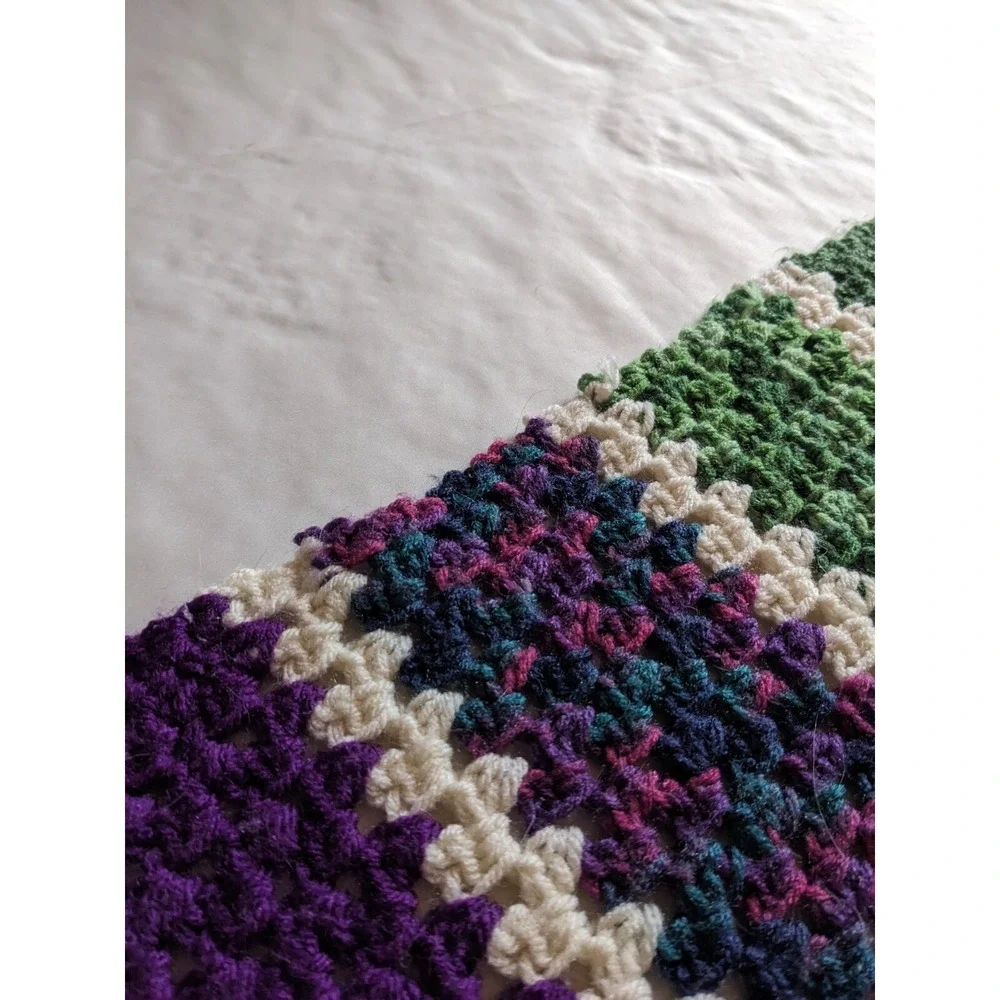 Handmade Blanket Afghan Throw‎ Crochet Green Purple Yellow 41